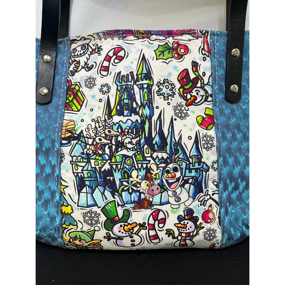 Handmade Christmas Castle Tote Bag Blue Scale Print Holiday Snowman Reindeer